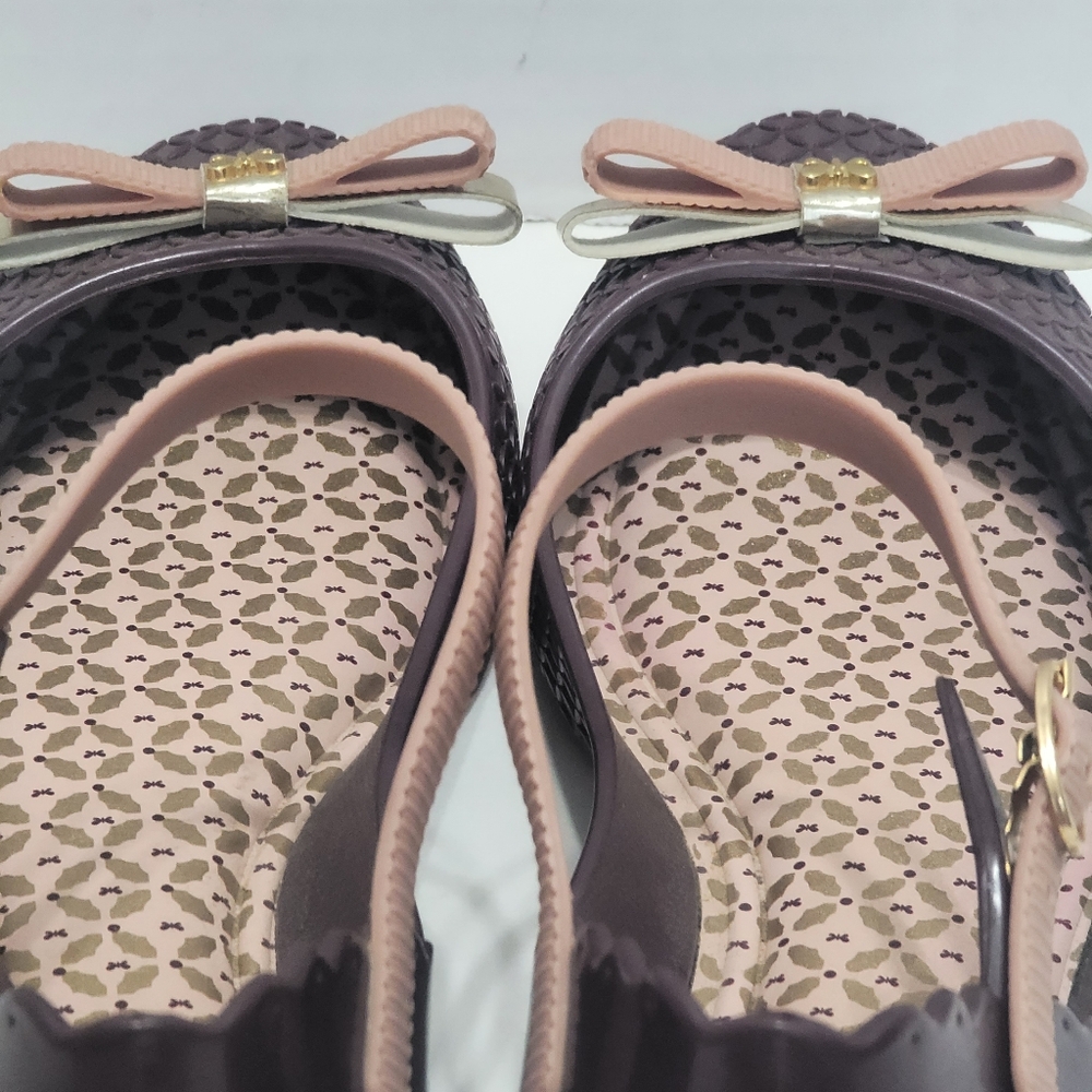Zaxy Plum Colored Mary Jane Jelly Flats With Gold/light Pink Bows Sz7 - Picture 9 of 12
